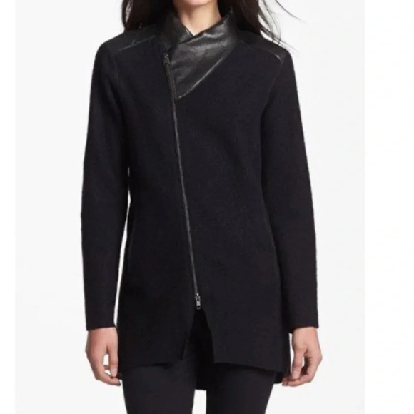 Eileen Fisher Black Wool Leather Jacket - Picture 1 of 8